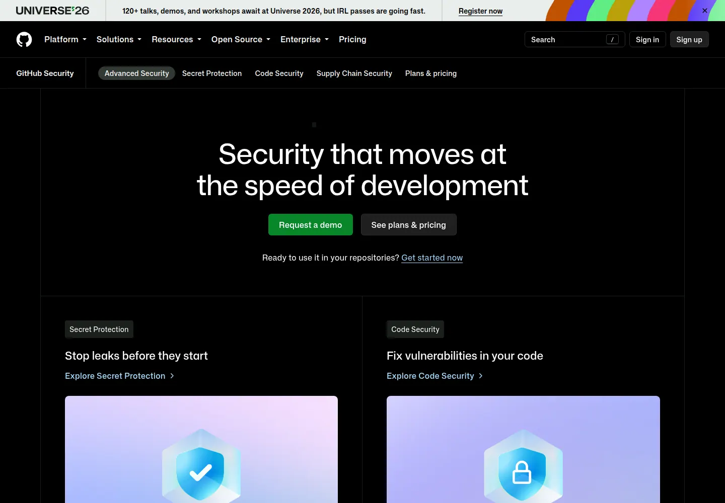 GitHub Advanced Security official homepage screenshot
