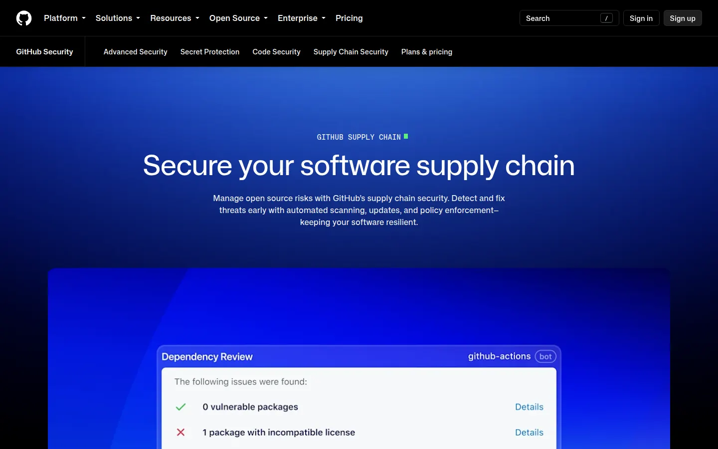 GitHub supply chain security homepage featuring Dependabot