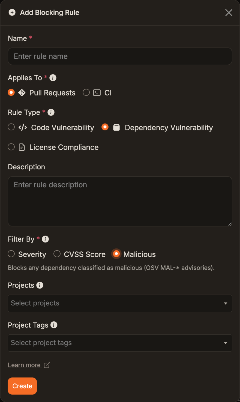 Add Blocking Rule dialog with Applies To set to Pull Requests, Rule Type set to Dependency Vulnerability, and Filter By set to Malicious. Help text says the rule blocks any dependency classified as malicious, based on OSV MAL advisories.