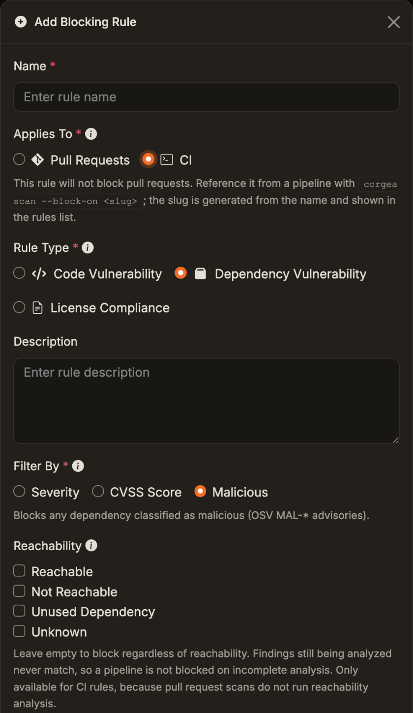 Add Blocking Rule dialog with Applies To set to CI. Help text explains that the rule is referenced from a pipeline with corgea scan --block-on followed by the rule's slug. Rule Type is Dependency Vulnerability, and a Reachability section offers Reachable, Not Reachable, Unused Dependency, and Unknown checkboxes.