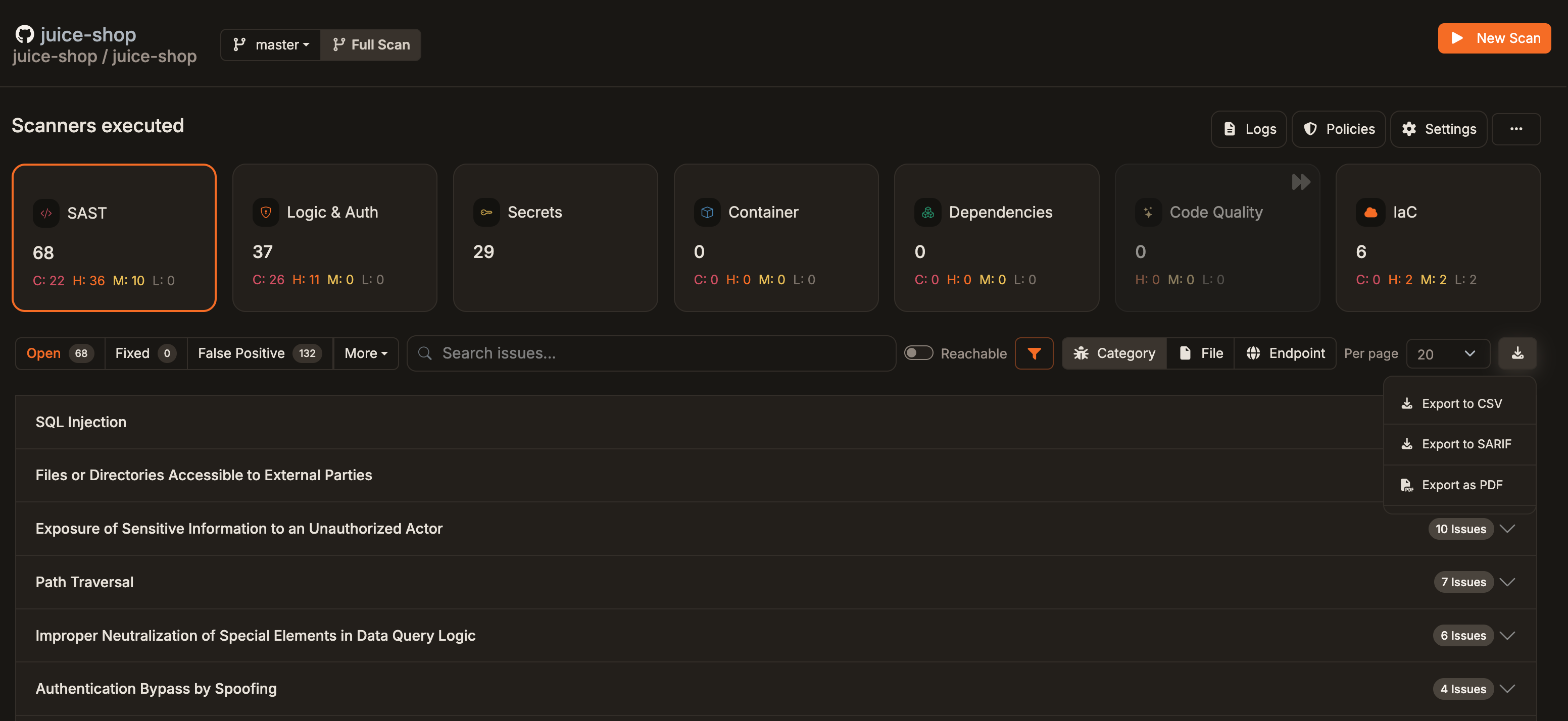 Scan details page for the juice-shop repository with scanner cards for SAST, Logic & Auth, Secrets, Container, Dependencies, Code Quality, and IaC. The export menu is open with Export to CSV, Export to SARIF, and Export as PDF.
