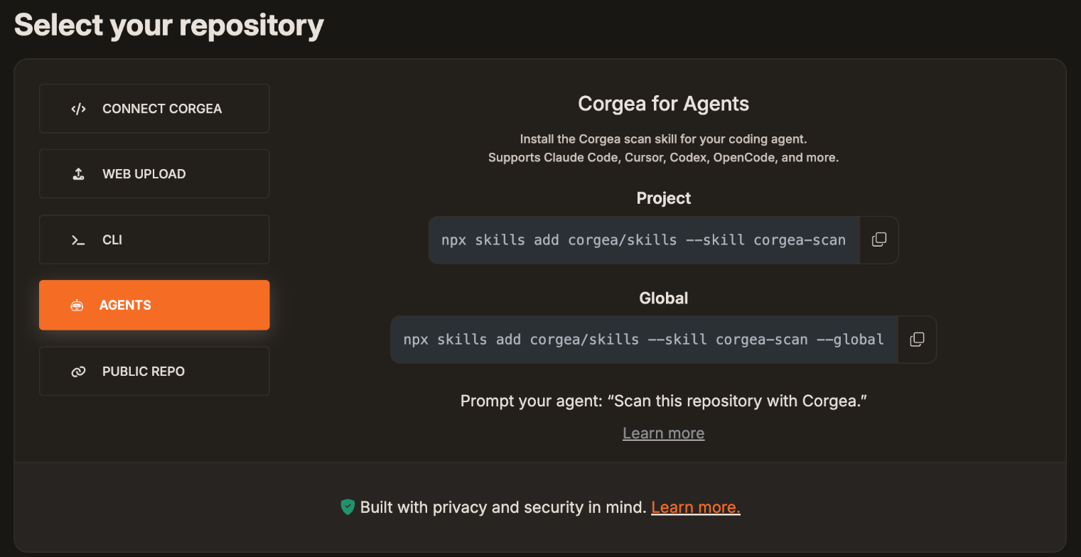 Add Project screen with the Agents option selected. A Corgea for Agents panel shows copyable Project and Global commands for installing the corgea-scan skill with npx skills add, notes support for Claude Code, Cursor, Codex, OpenCode, and more, and suggests prompting the agent to scan the repository with Corgea.