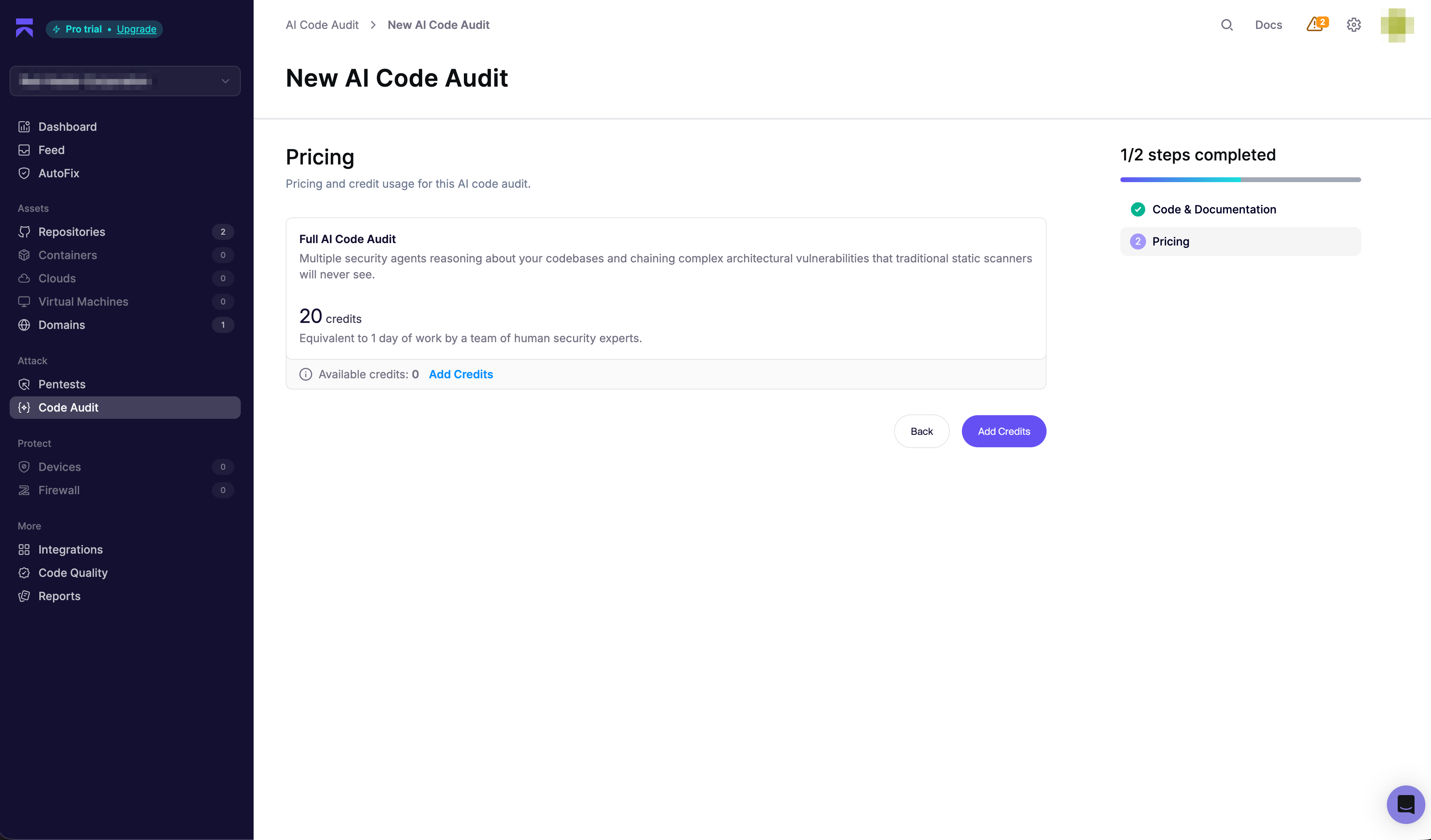 Aikido AI Code Audit pricing screen showing a full AI Code Audit priced at 20 credits