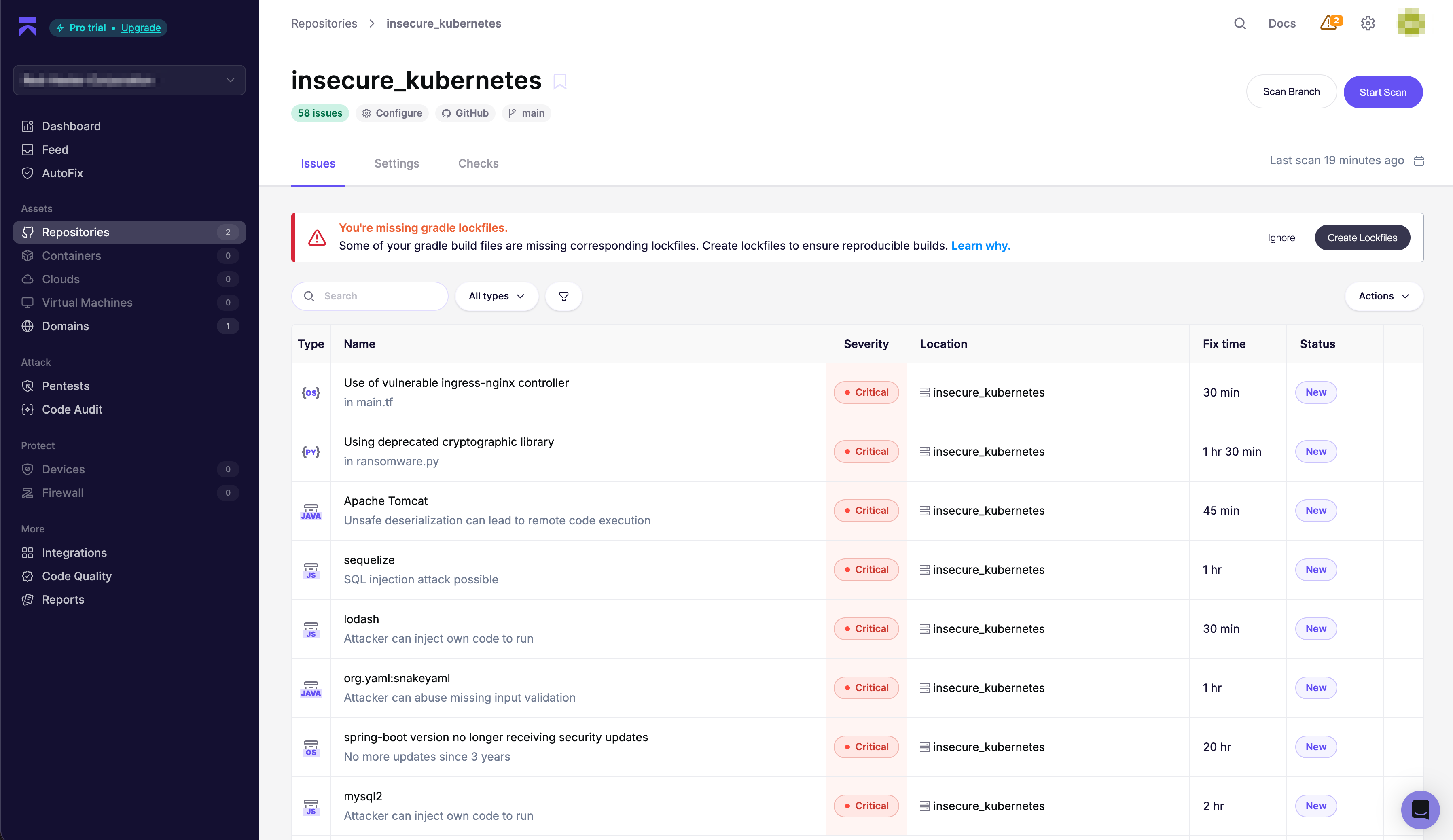 Aikido SAST scan results page for the insecure Kubernetes benchmark repository