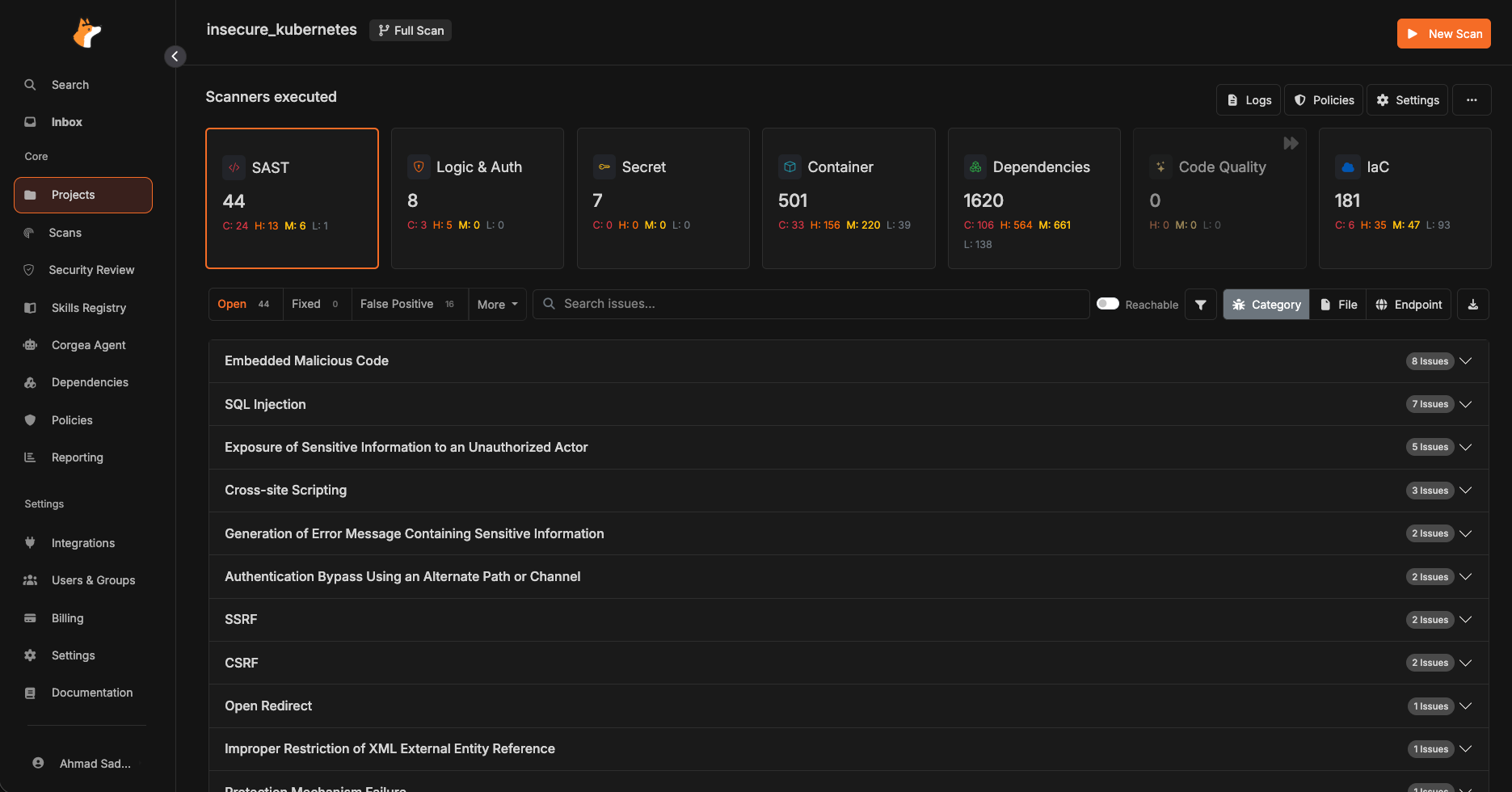 Corgea SAST scan results page grouped by scanner and vulnerability category