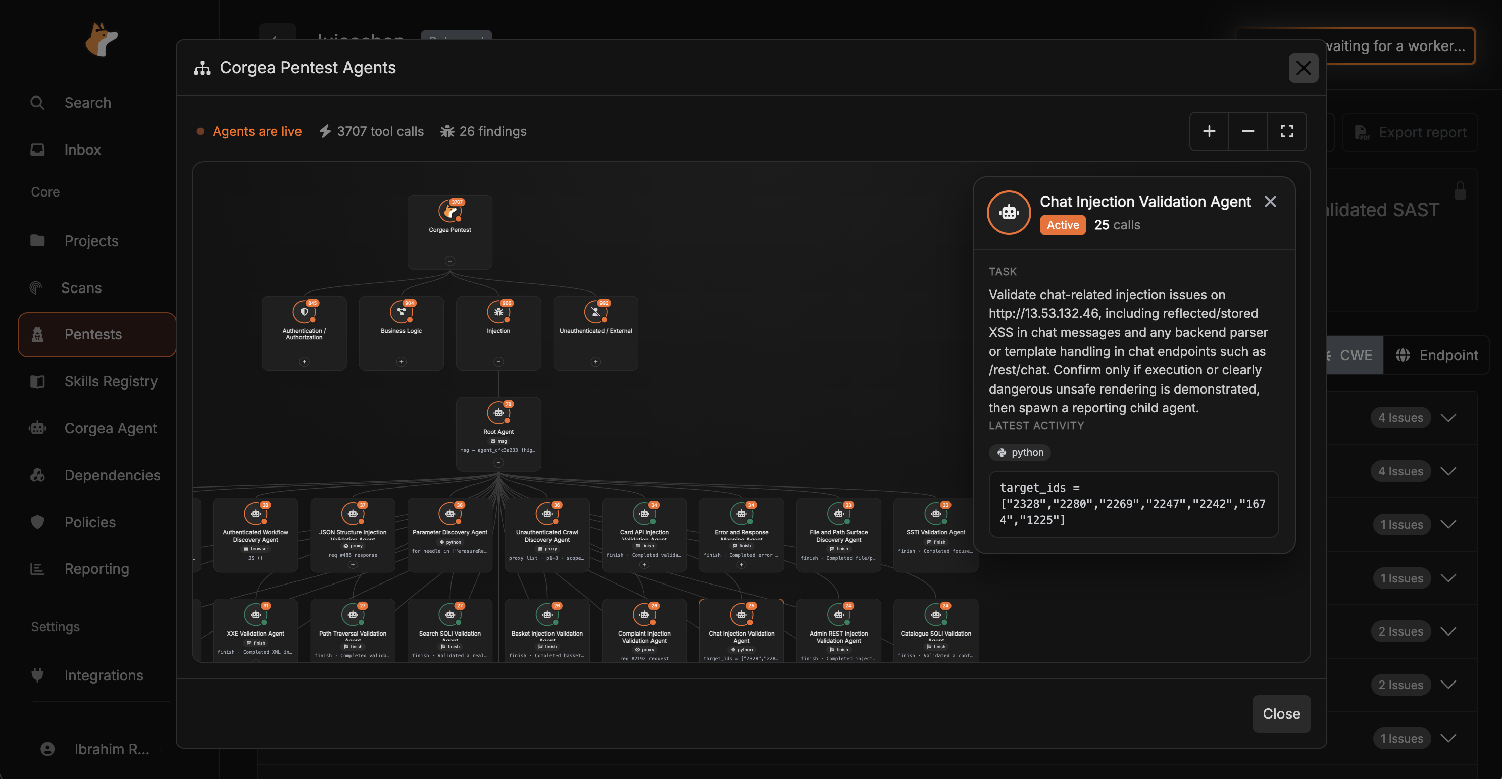 Corgea AI Pentesting multi-agent execution view