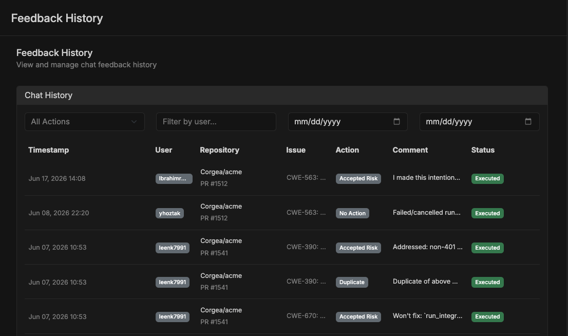 Corgea feedback history showing developer feedback actions and execution status