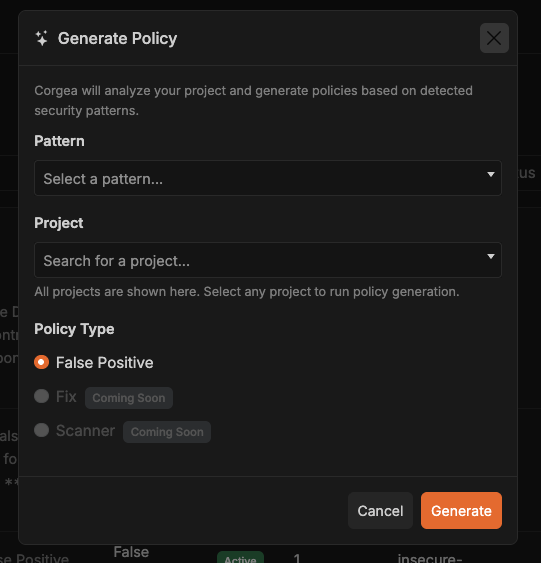 Corgea generate policy modal for project-specific security patterns