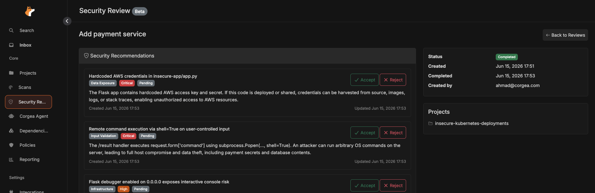 Security review recommendations for a payment service