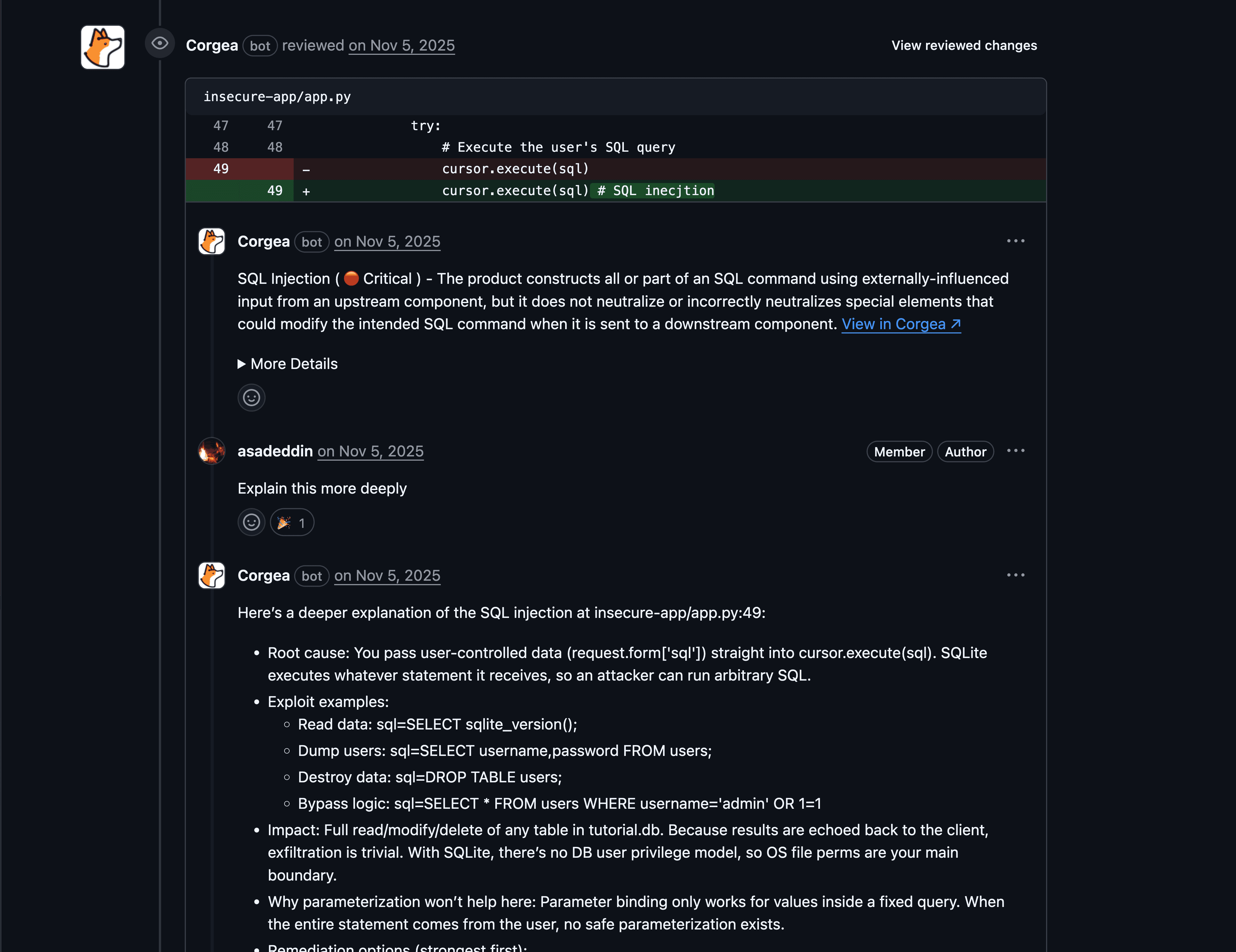 Corgea replying to a developer on a PR
