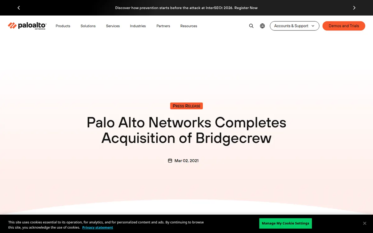 Official Palo Alto Networks page for the Bridgecrew acquisition