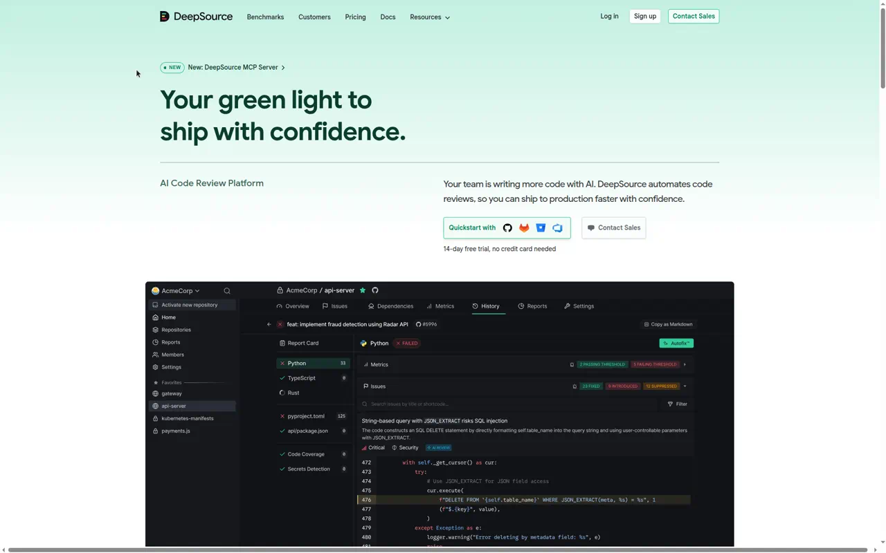 DeepSource product website screenshot