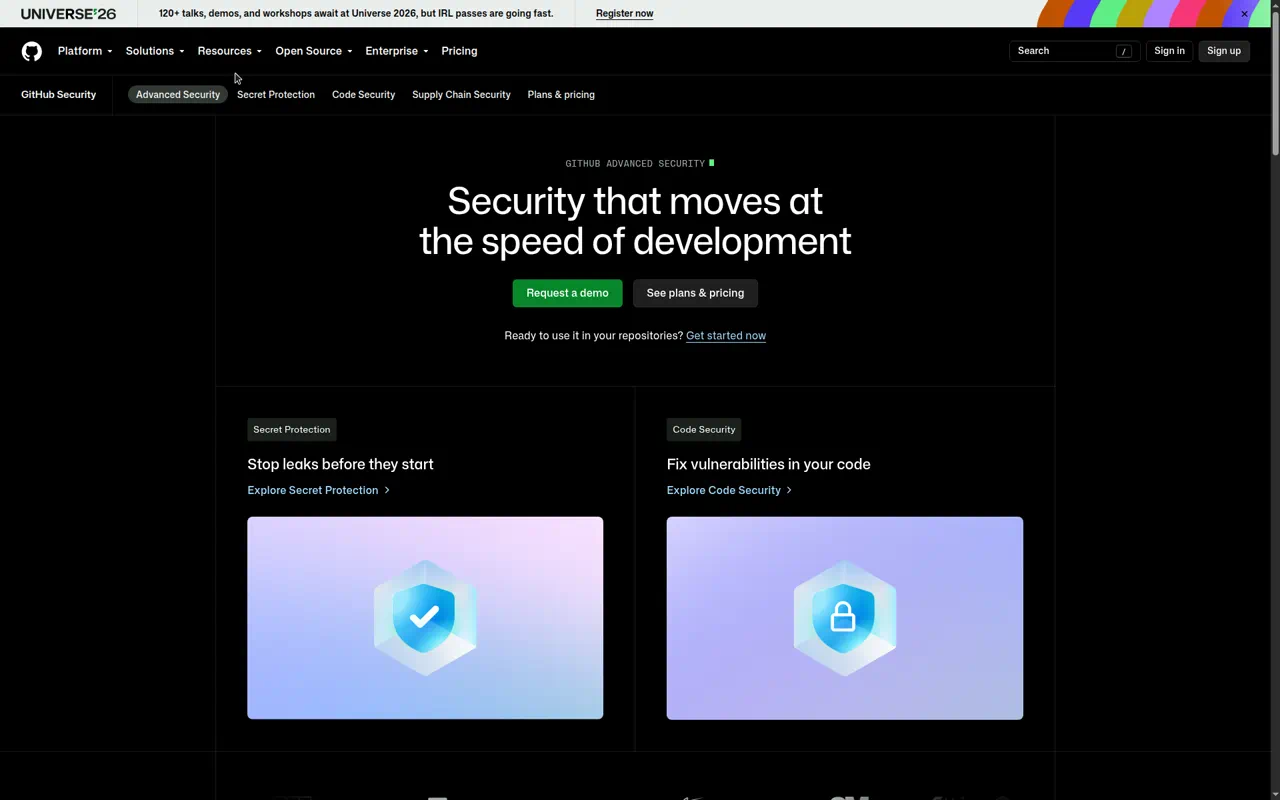 GitHub Security product website screenshot