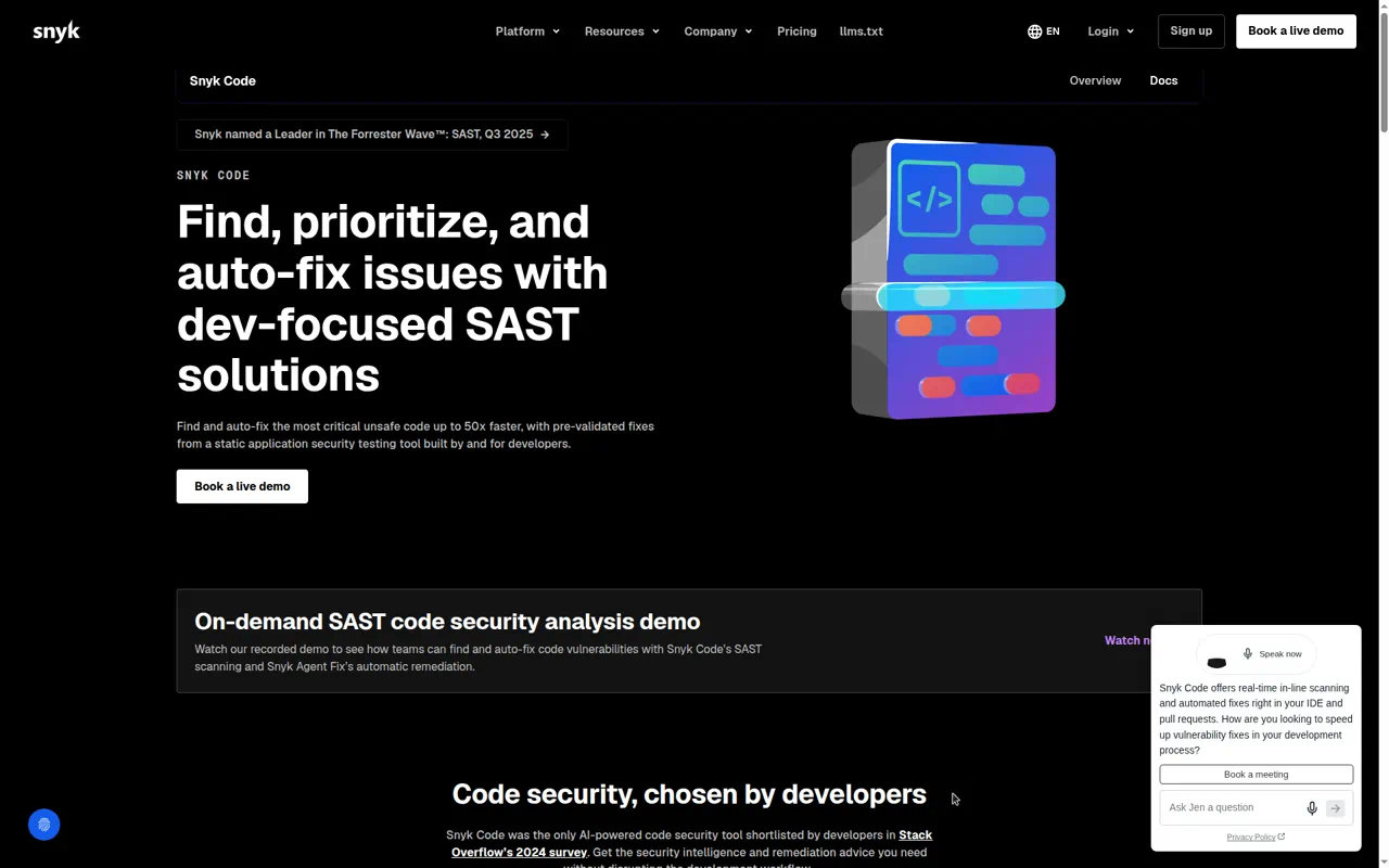 Snyk Code product website screenshot