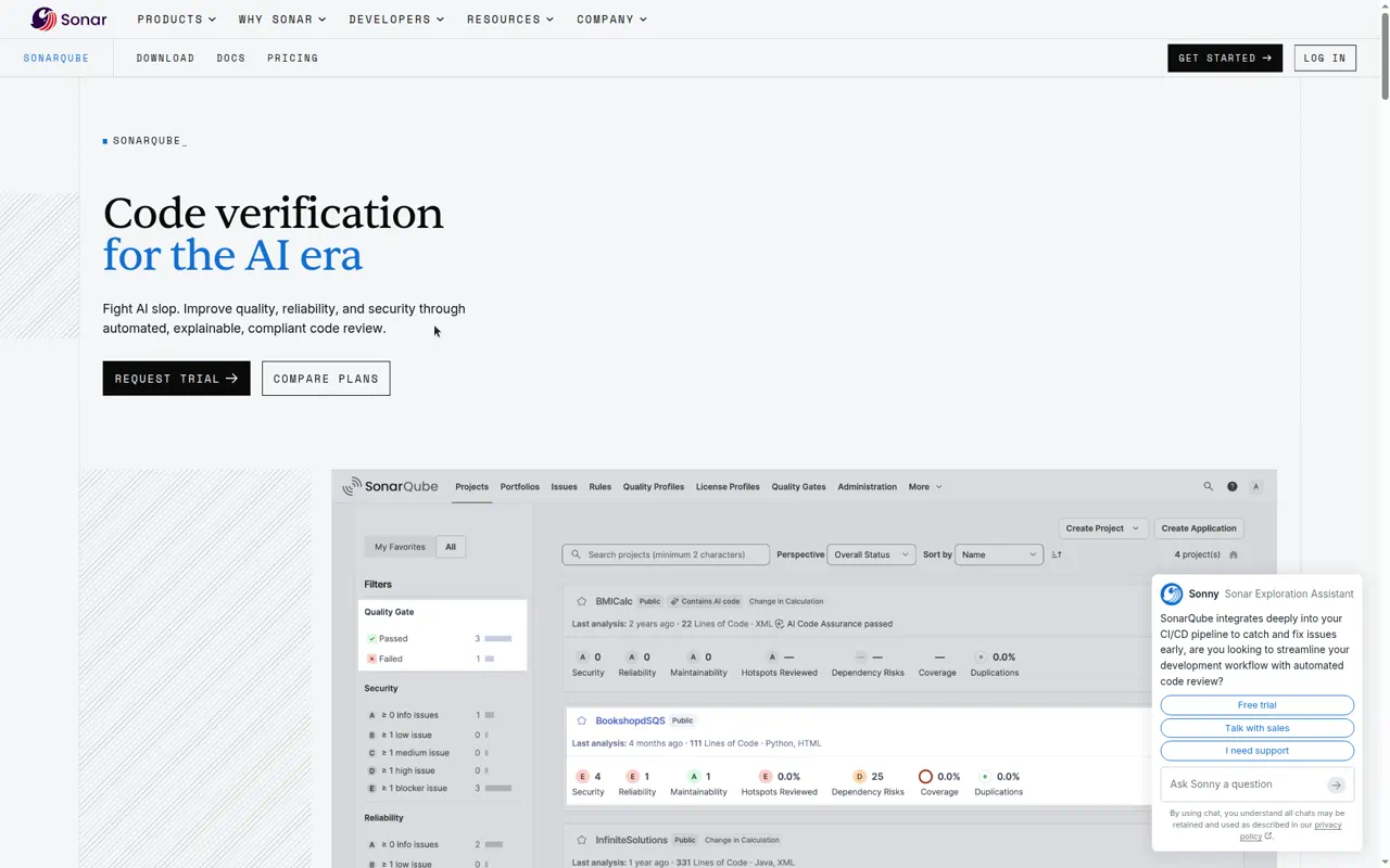 SonarQube product website screenshot