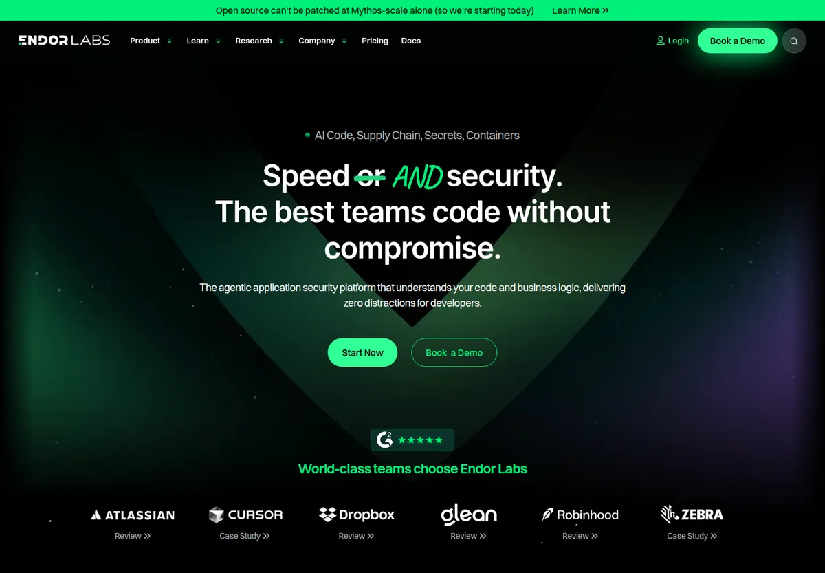 Endor Labs homepage screenshot