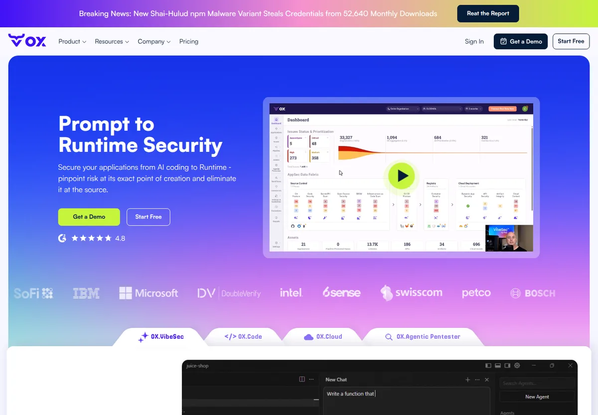 OX Security homepage screenshot