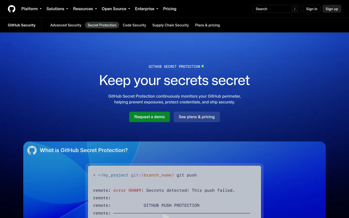 GitHub Secret Protection product page screenshot